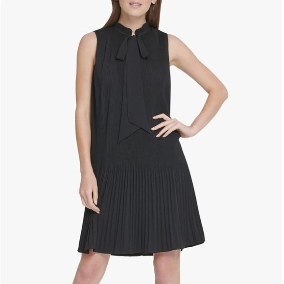 DKNY Dress Flapper Tie Neck Sleeveless Womens 4 NWT Black Knee Length Pleated - Picture 1 of 10